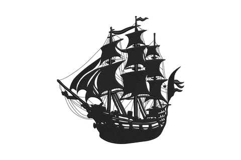 Vintage tall ship galleon silhouette embroidery design in solid black, 3 masts full sails, 5 sizes up to 7.5 by 7.4 inches
