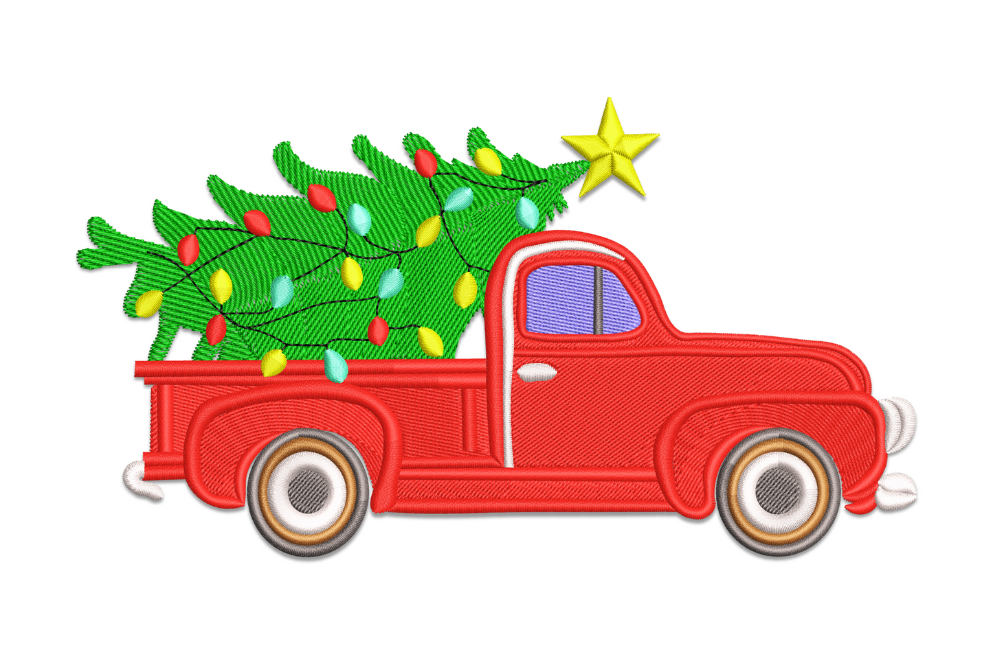 Vintage red pickup truck embroidery carrying Christmas tree in the truck bed with wreath on grille, tall narrow design in 9 colours for holiday farmhouse decor