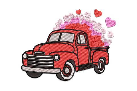 Vintage pickup truck with heart balloons embroidery design, cream and red rustic style, 6 colours 4 sizes portrait format