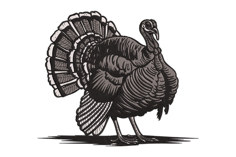 Vintage wild turkey embroidery in side profile with full tail fan spread realistic feather detail and red wattle