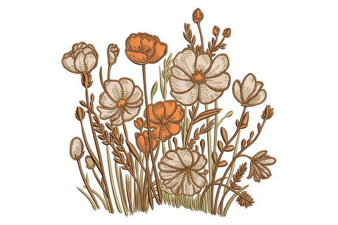Vintage wildflower meadow embroidery design with botanical blooms, cream petals and burnt orange open flowers on olive and tan stems.