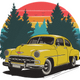 Vintage Yellow Car in Retro Forest Sunset Embroidery Design, Instant Download