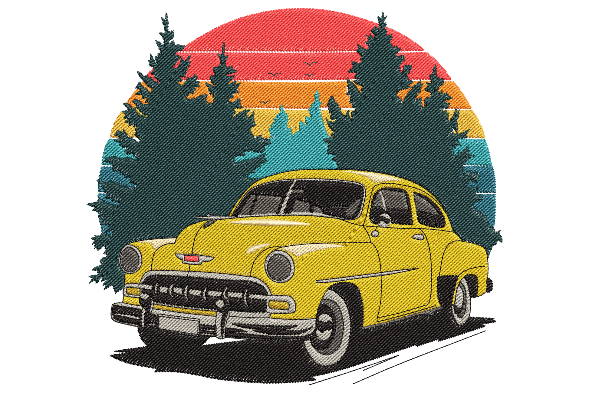 Vintage yellow station wagon embroidery driving through pine forest with peach and rust sunset sky and navy mountains.