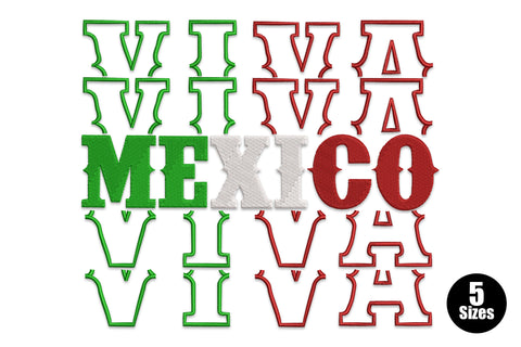 Viva Mexico embroidery design, stacked outline viva text and bold Mexico slab-serif lettering in green white red flag colours