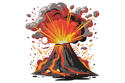 Volcano eruption embroidery design, cartoon style with lava rivers, orange explosion rays and grey smoke clouds, bold and colourful.