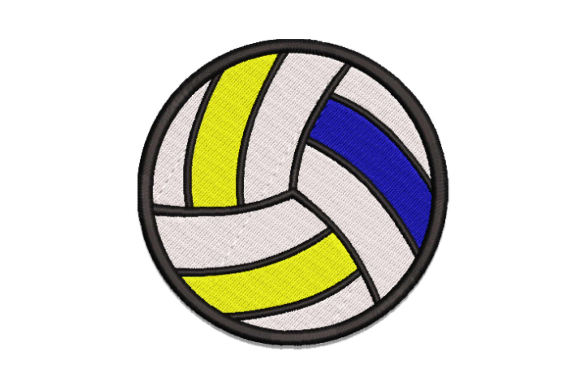 Volleyball embroidery design, round volleyball with white, yellow and dark blue satin panels divided by black seam lines