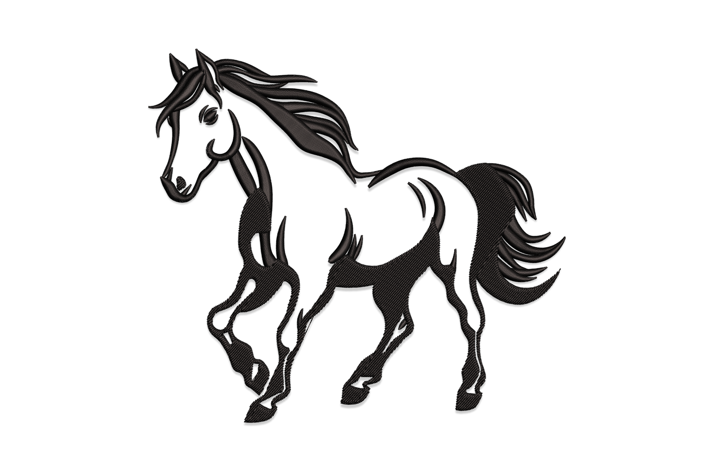 Walking horse silhouette embroidery design, black sketch style horse in calm mid-stride with flowing mane and tail, white background.