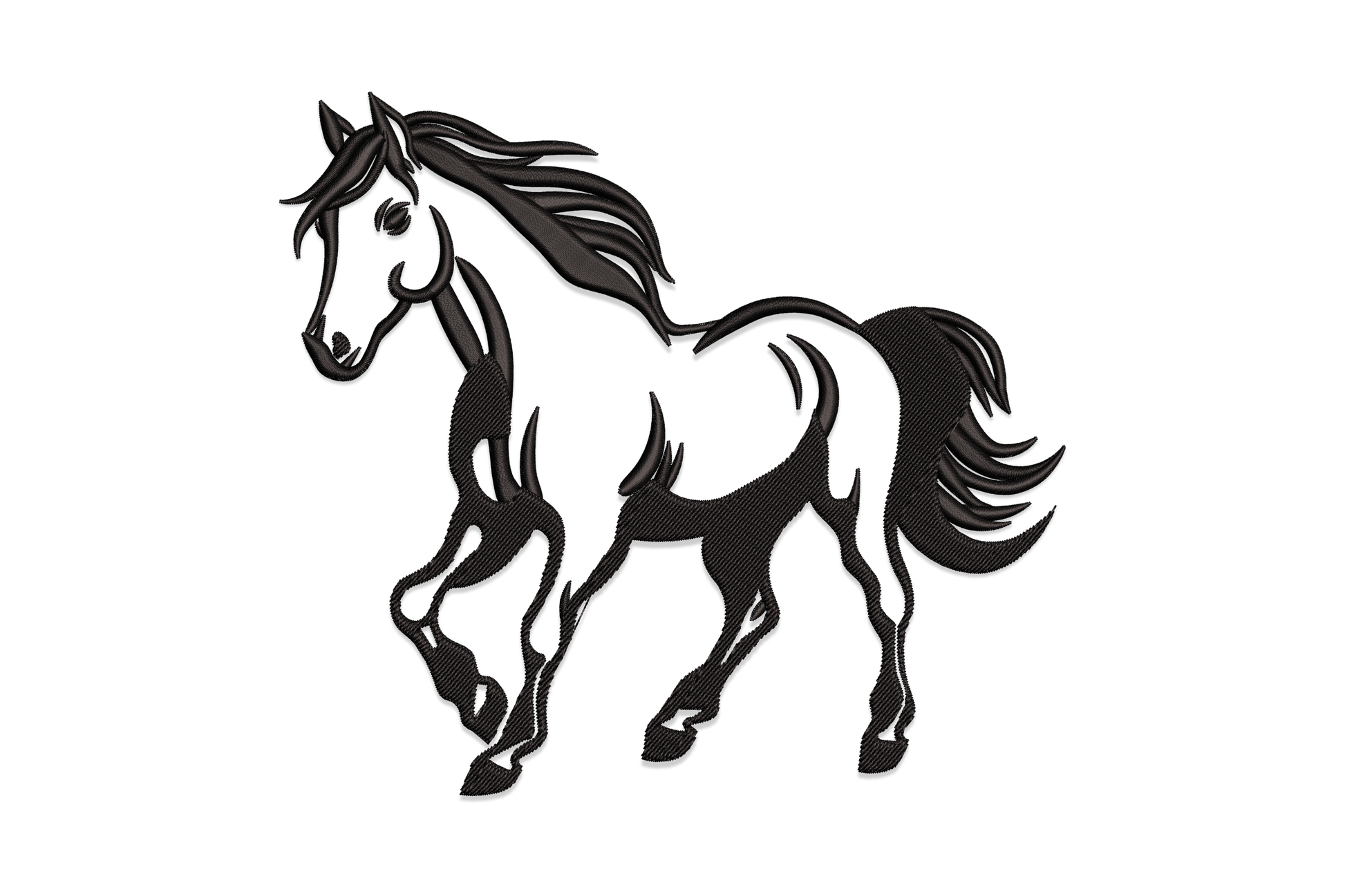 Walking horse silhouette embroidery design, black sketch style horse in calm mid-stride with flowing mane and tail, white background.