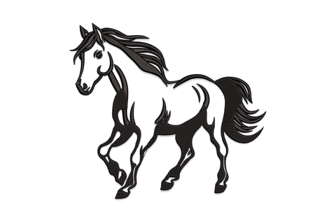 Walking horse silhouette embroidery design, black sketch style horse in calm mid-stride with flowing mane and tail, white background.