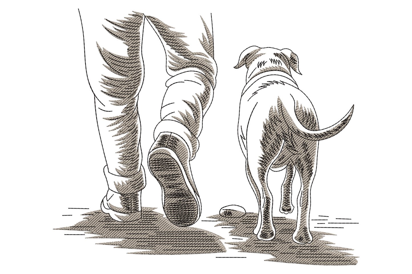 Walking dog silhouette embroidery design showing a person and dog in mid-stride connected by a lead in a single flat chocolate thread on cream canvas tote fabric