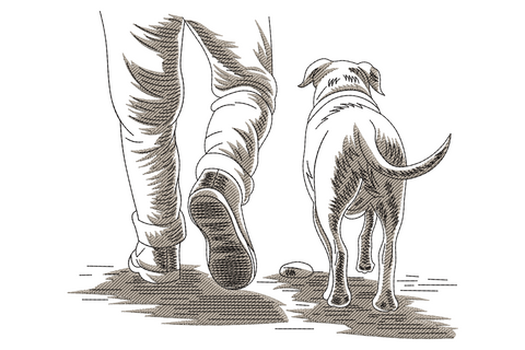 Walking dog silhouette embroidery design showing a person and dog in mid-stride connected by a lead in a single flat chocolate thread on cream canvas tote fabric