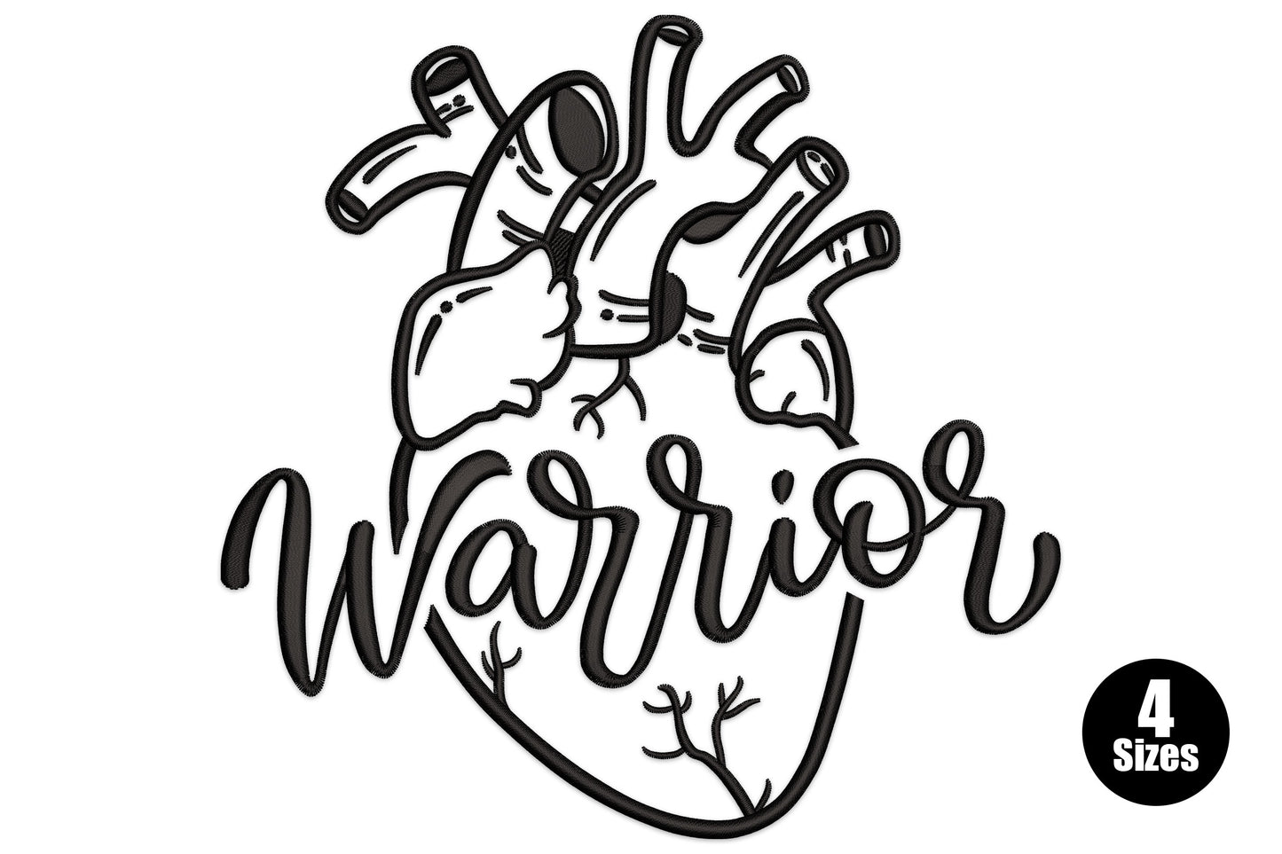 Warrior heart anatomical line art embroidery design in single colour black with flowing script overlay on white background