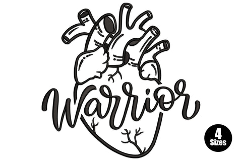 Warrior heart anatomical line art embroidery design in single colour black with flowing script overlay on white background