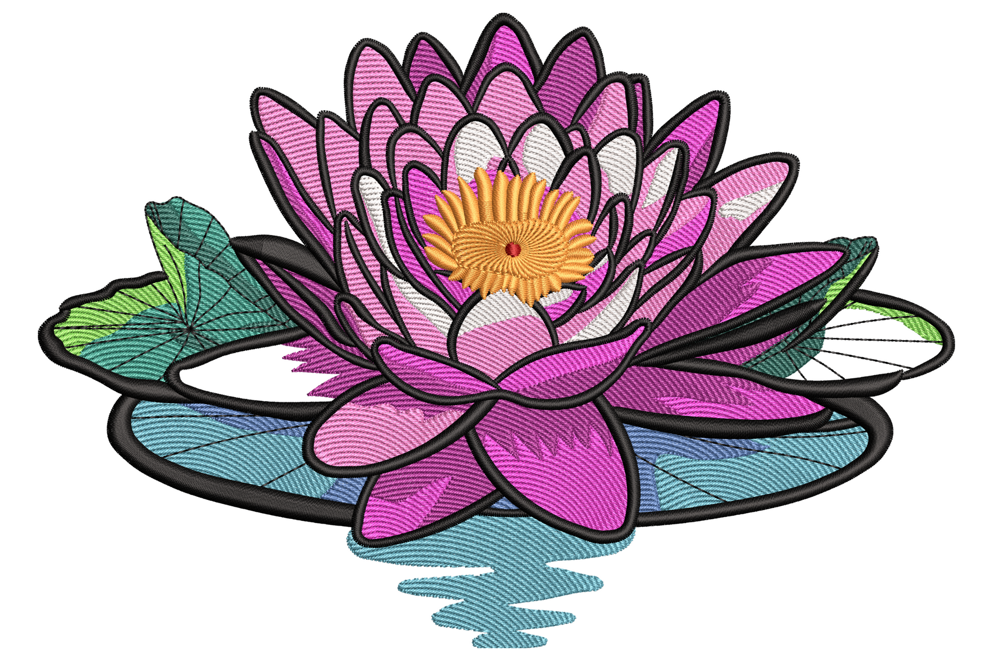 Water lily embroidery design with magenta petals, orange amber centre, green lily pads and pale blue water reflection.