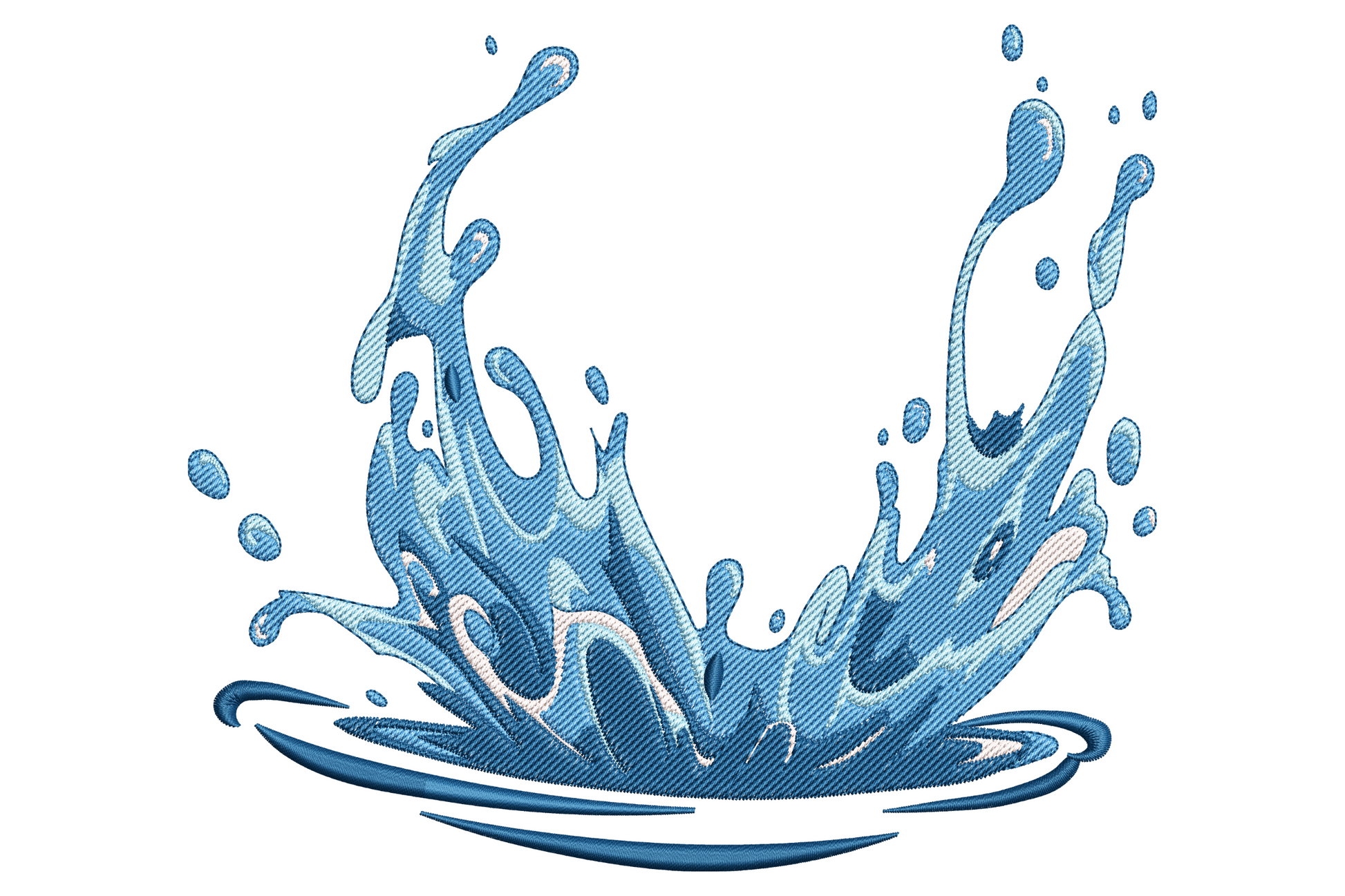 Water splash embroidery design, stylised mid-action splash with droplets shooting upward and circular ripple pool at the base