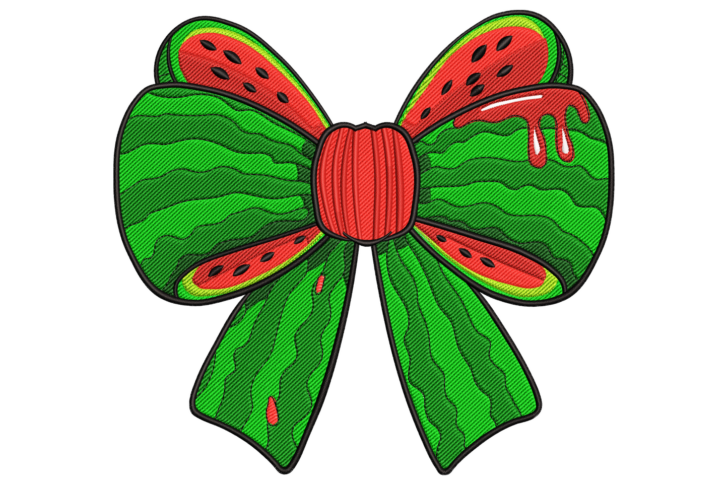 Watermelon bow embroidery design with green-striped rind loops, red flesh panels showing through, black seeds and juice drip details.