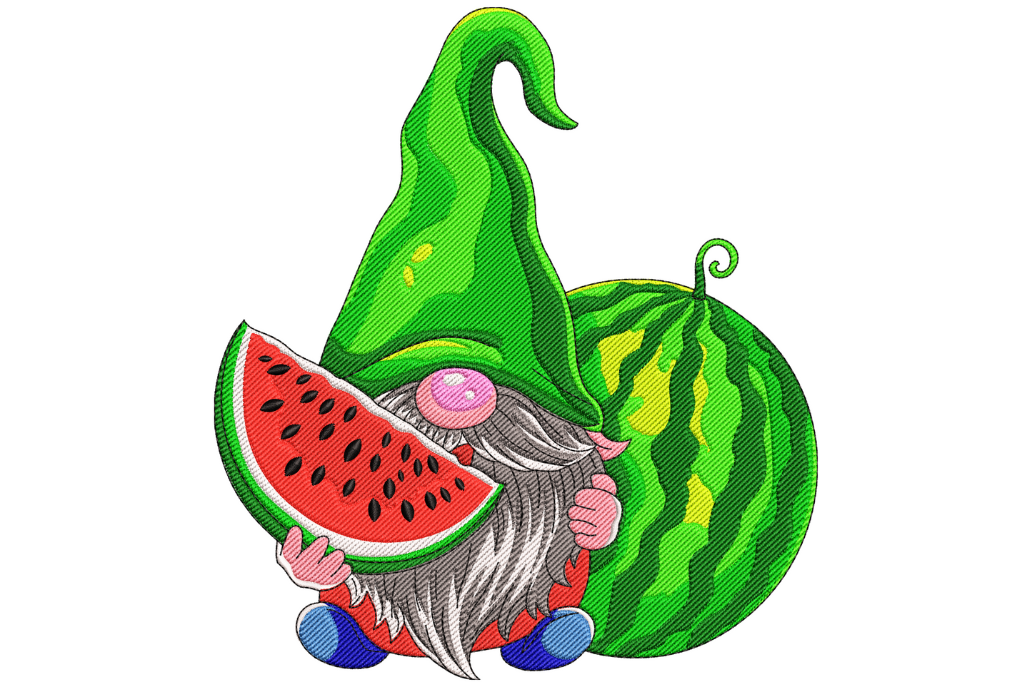 Cartoon summer gnome wearing tall watermelon slice hat with green rind pink fruit and seeds, long white beard and striped body, friendly summer embroidery design