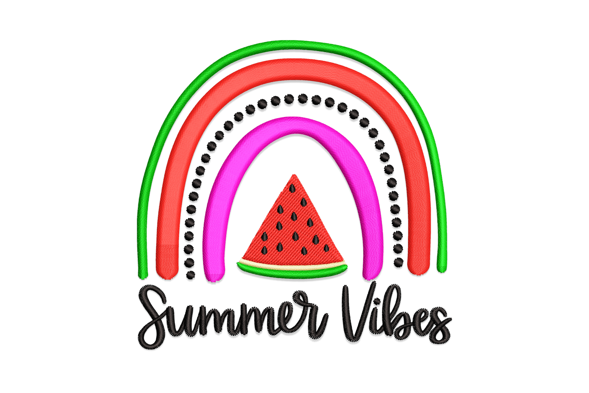 Watermelon rainbow summer quote machine embroidery design, watermelon slice with rainbow arc in red, green and black, 5 sizes up to 6.88 inches