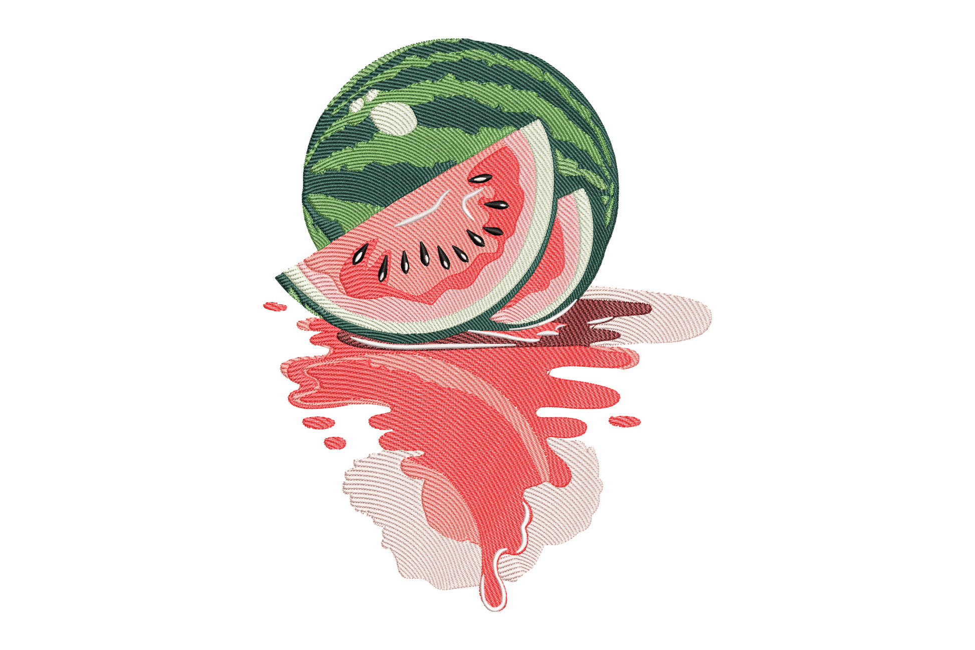 Watermelon slice embroidery design with whole melon, cut wedge, crimson flesh, green rind and dripping juice puddle below.