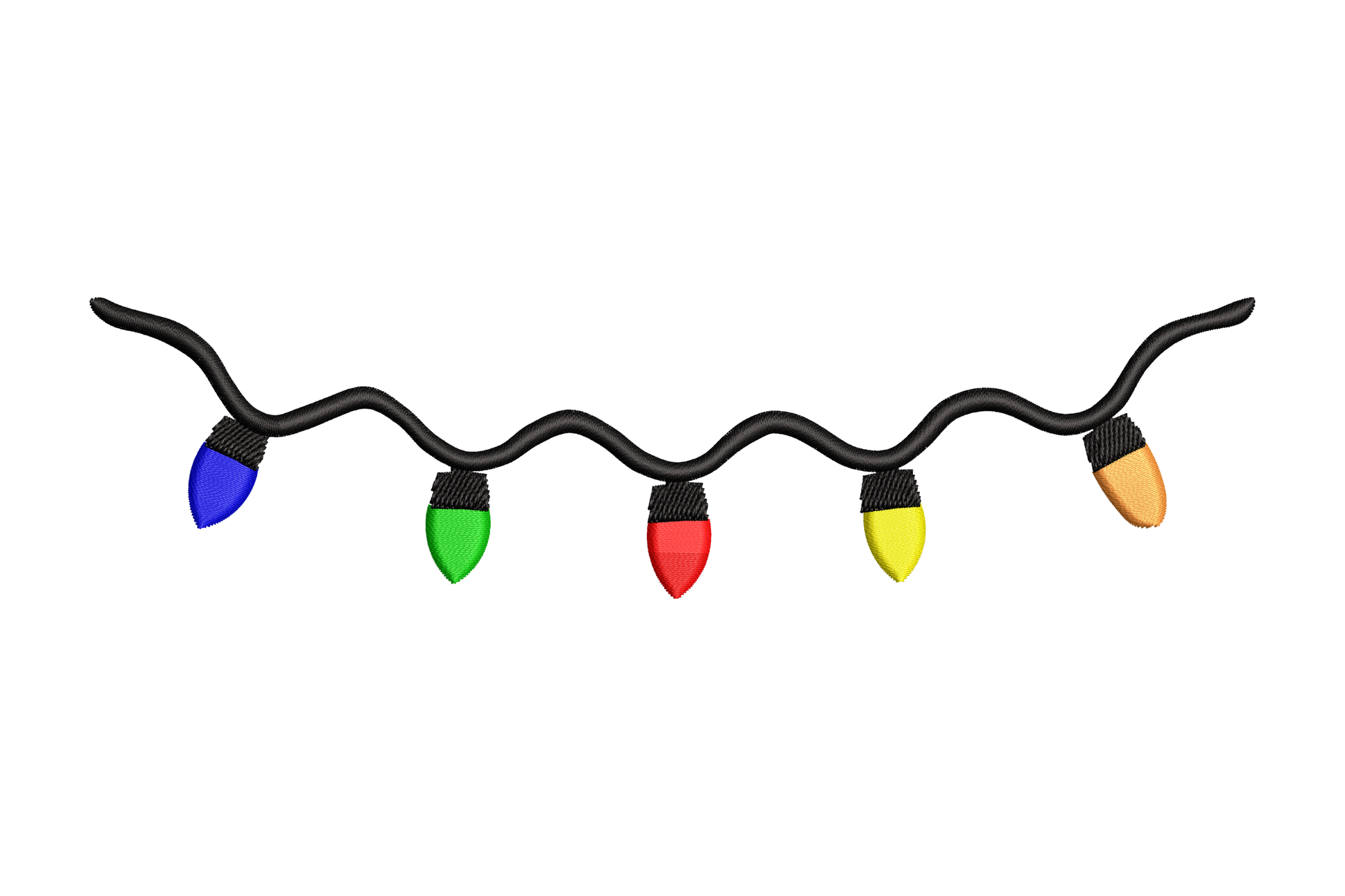 Wavy Christmas string lights border embroidery, 5 bulbs in blue green red yellow orange on a sinuous zigzag black cord