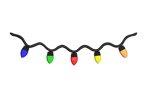 Wavy Christmas string lights border embroidery, 5 bulbs in blue green red yellow orange on a sinuous zigzag black cord