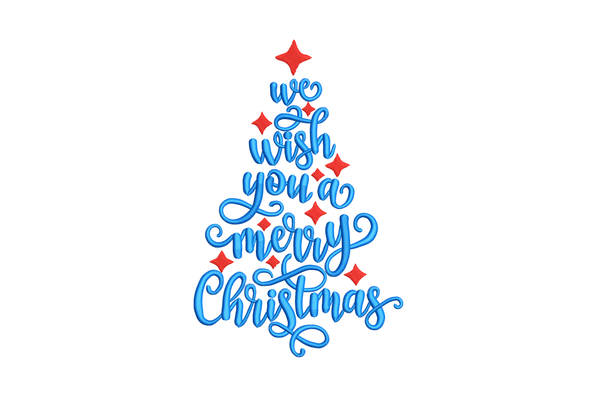 We Wish You a Merry Christmas embroidery design, bold cranberry red script with gold accent on white pique apron.