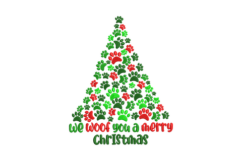 We Woof You a Merry Christmas embroidery design with Christmas tree shape made from dog paw prints in green and red with handwritten text below