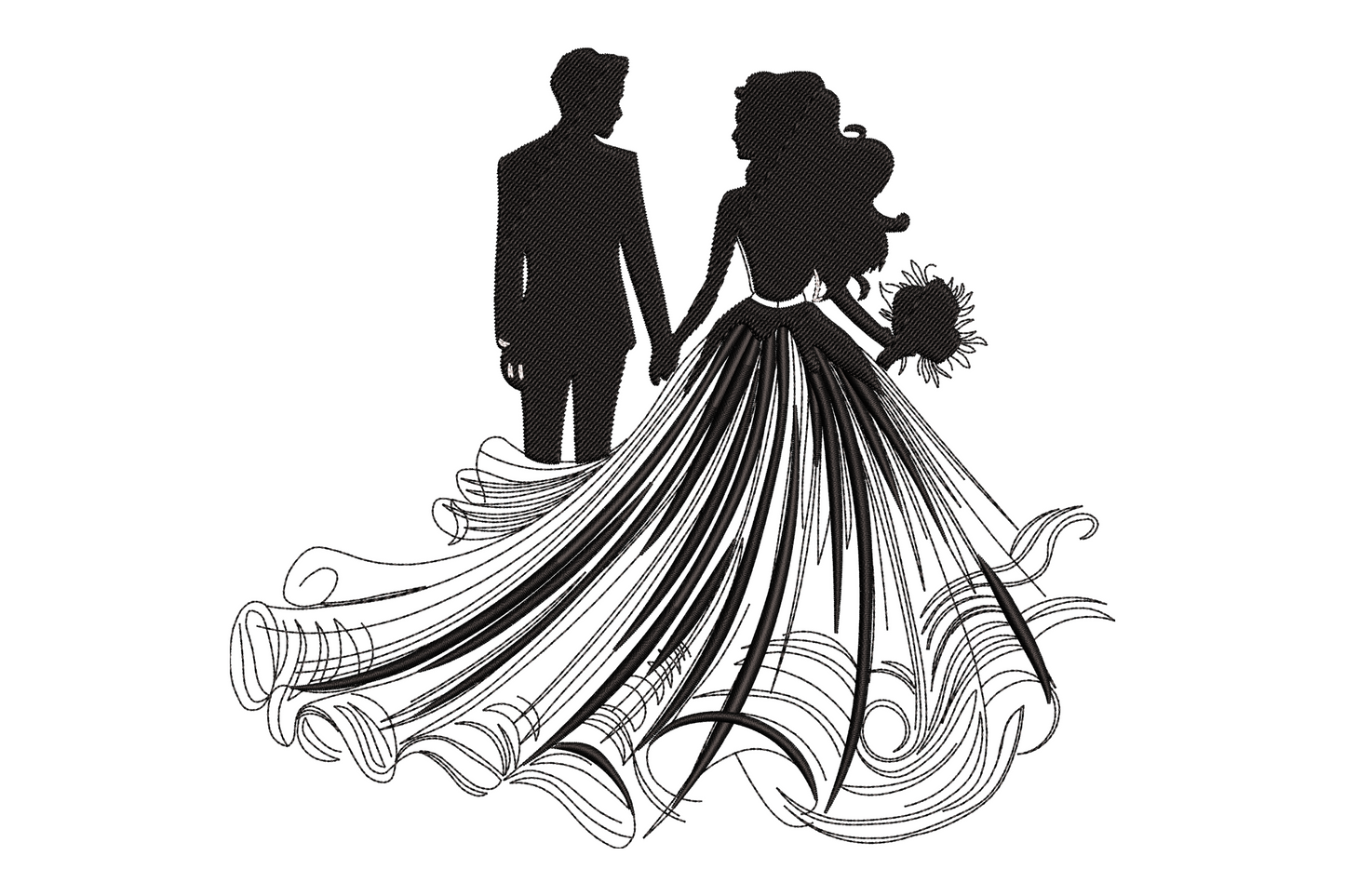 Wedding couple silhouette embroidery, bride and groom holding hands, sweeping skirt with swirl fills, solid black.