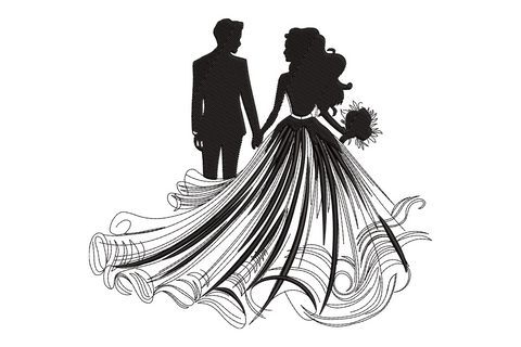 Wedding couple silhouette embroidery, bride and groom holding hands, sweeping skirt with swirl fills, solid black.
