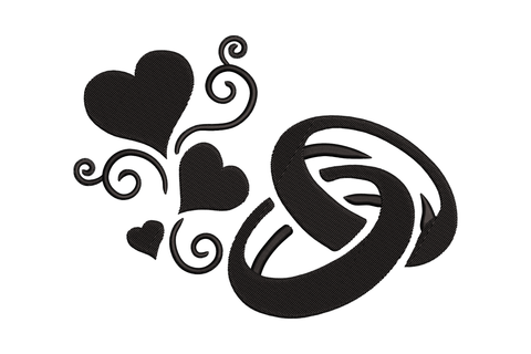 Wedding rings with hearts embroidery design, two interlocked bands in outline style with a small heart centred between them.