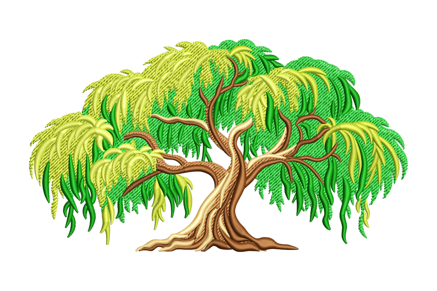 Weeping willow tree embroidery in 7 green and brown colors with long drooping fronds and detailed trunk texture