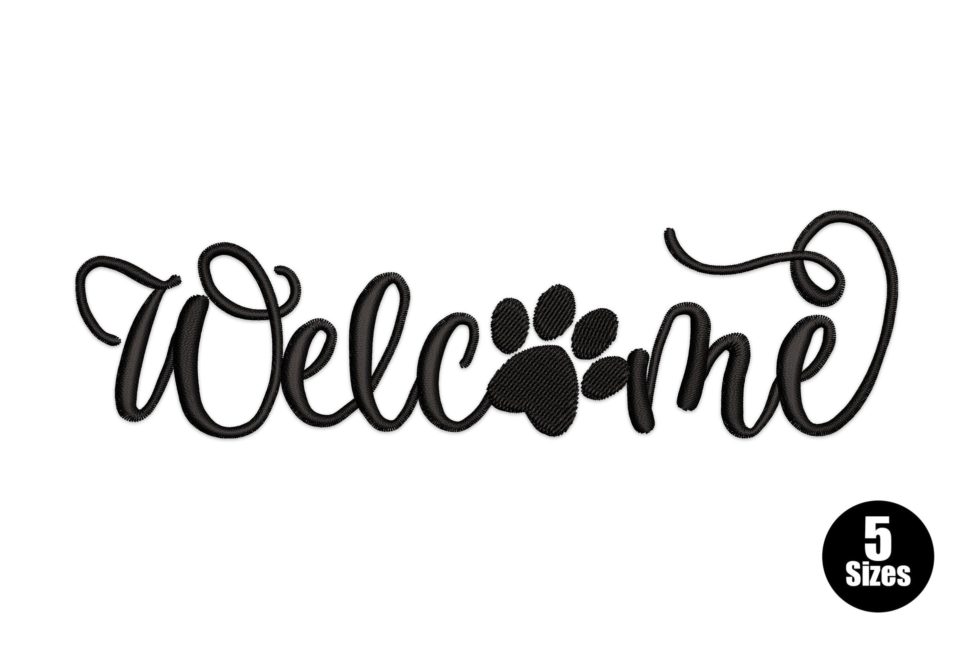 Welcome paw print embroidery design, flowing script with paw replacing letter O, single black thread, pet home decor