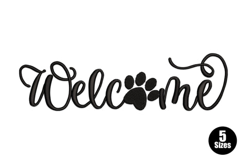 Welcome paw print embroidery design, flowing script with paw replacing letter O, single black thread, pet home decor