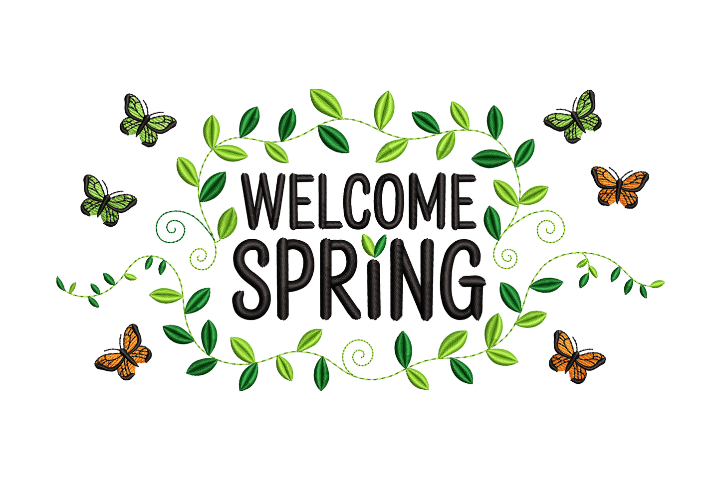 Text 'Welcome Spring' surrounded by green leaves and butterflies on a white background