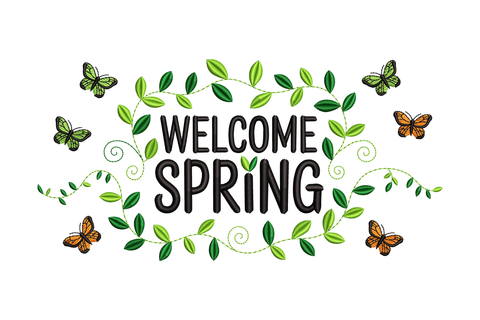 Text 'Welcome Spring' surrounded by green leaves and butterflies on a white background