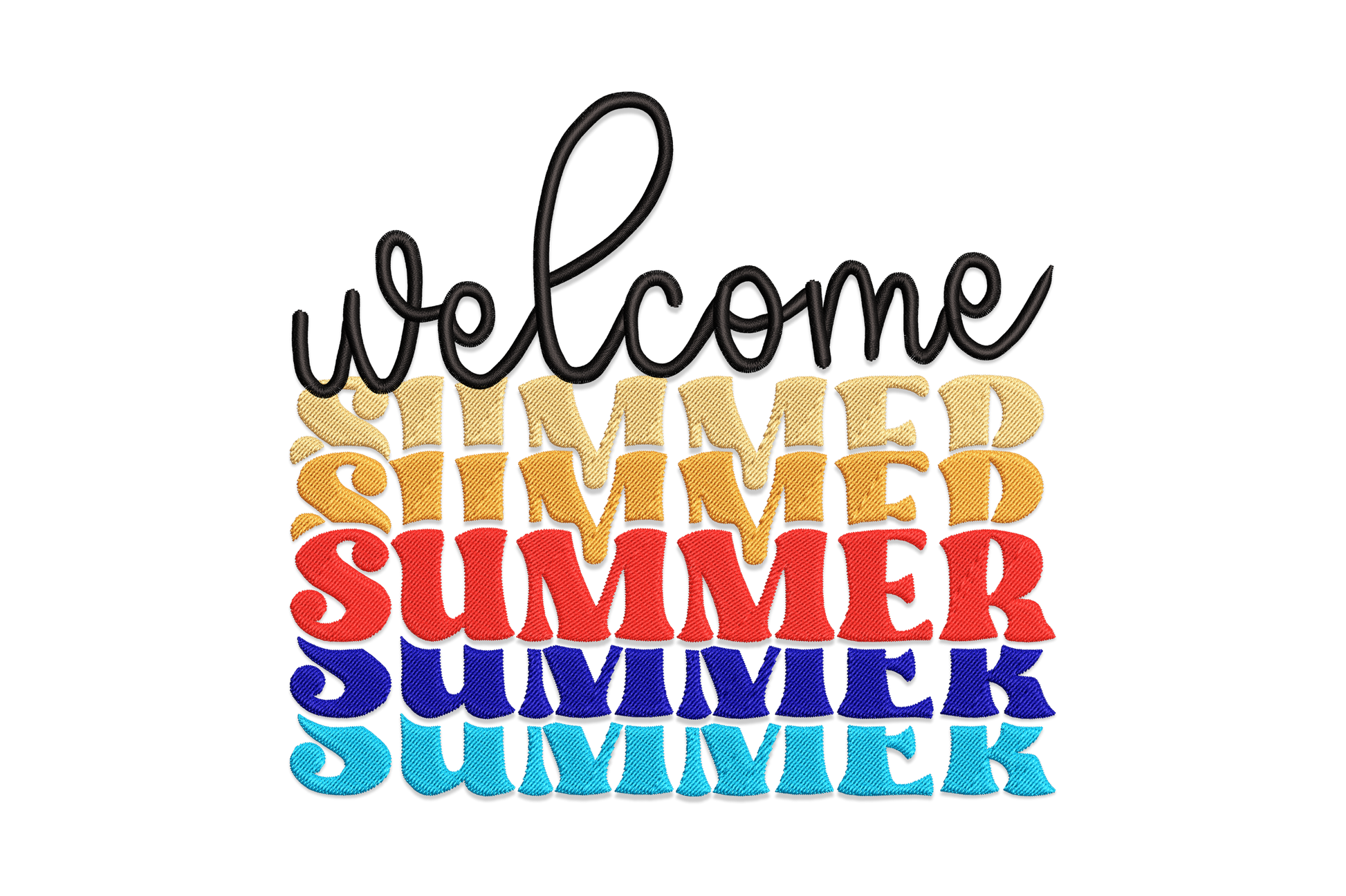 Welcome summer embroidery with cursive script on top and five stacked retro SUMMER letters in a gold to cyan gradient.