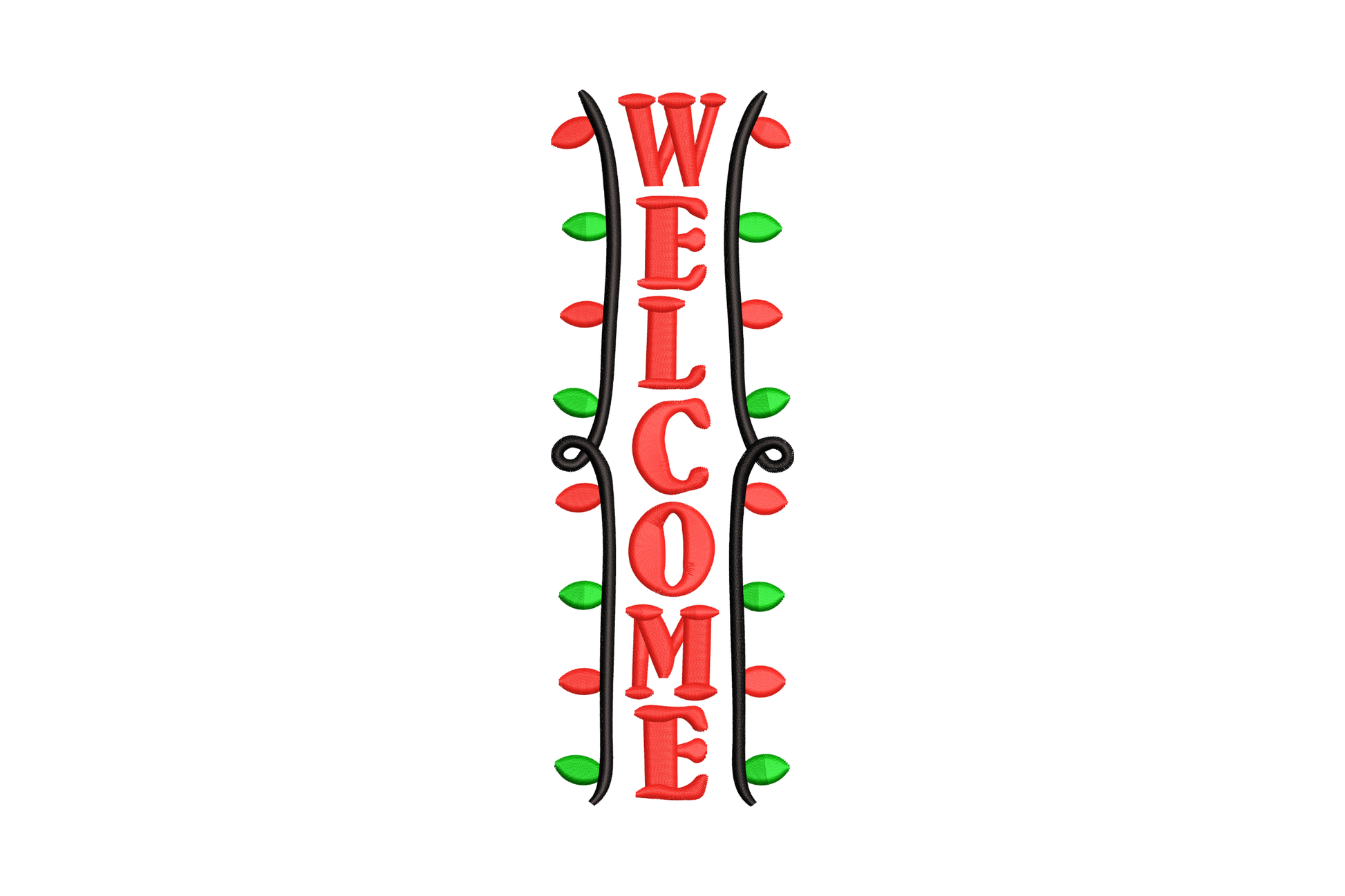 Welcome vertical Christmas lights embroidery design with red satin letters flanked by wavy black string light cords with red and green bulb accents