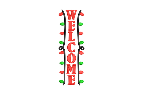 Welcome vertical Christmas lights embroidery design with red satin letters flanked by wavy black string light cords with red and green bulb accents