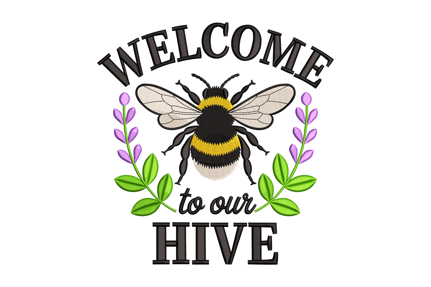 Illustration of a bee with 'Welcome to our Hive' text on a white background