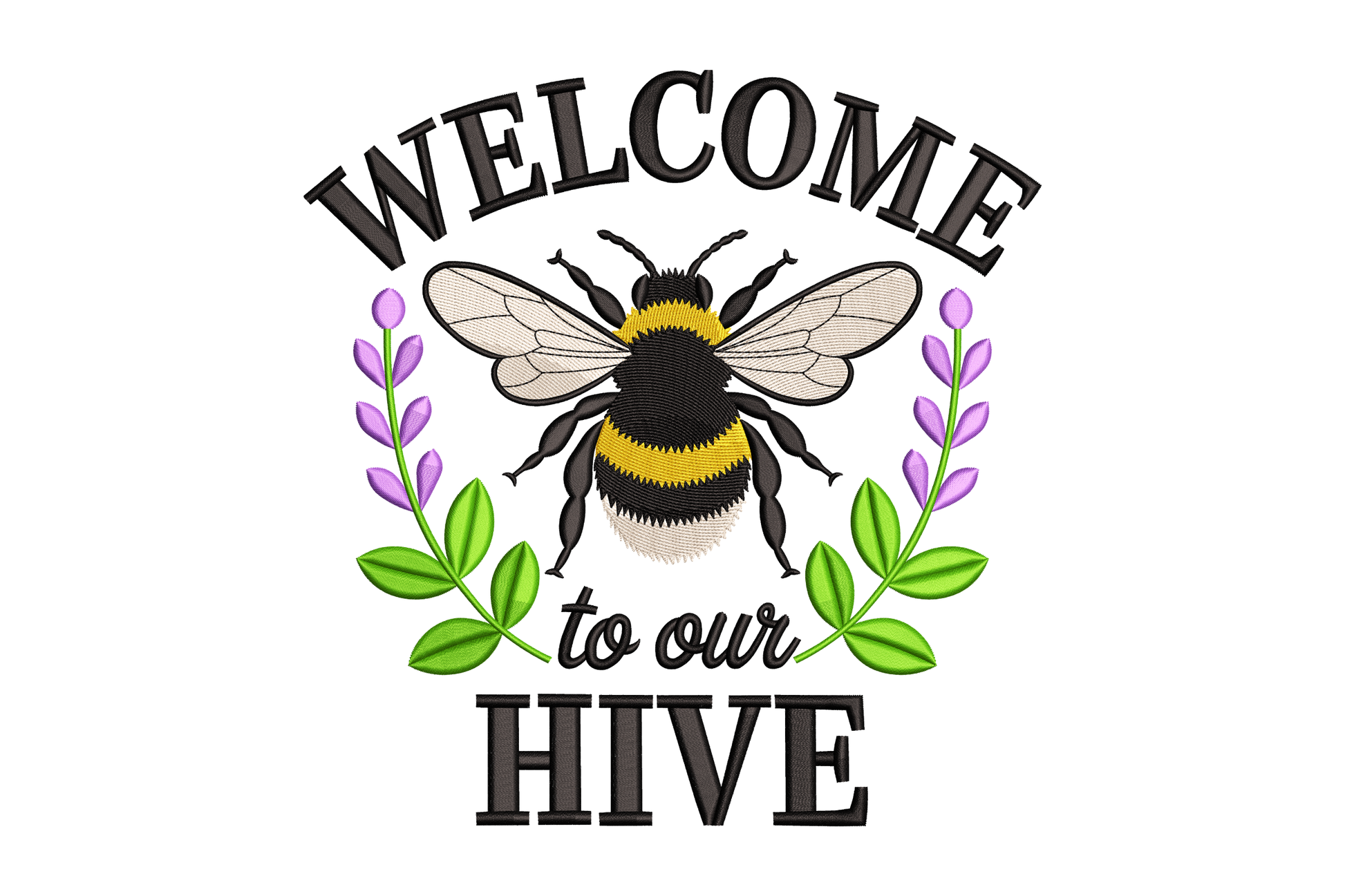 Illustration of a bee with 'Welcome to our Hive' text on a white background