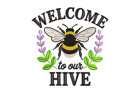 Illustration of a bee with 'Welcome to our Hive' text on a white background