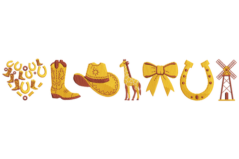 Western cowgirl love embroidery icon strip: horseshoe heart, cowboy boot, hat, giraffe, ribbon bow, horseshoe and windmill in amber gold and brick red.