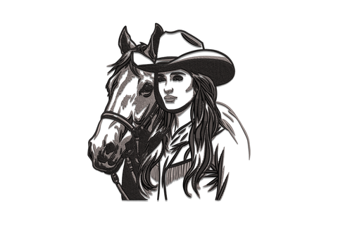 Western cowgirl with horse embroidery design, two-tone grey and black portrait-style sketch on natural canvas fabric.