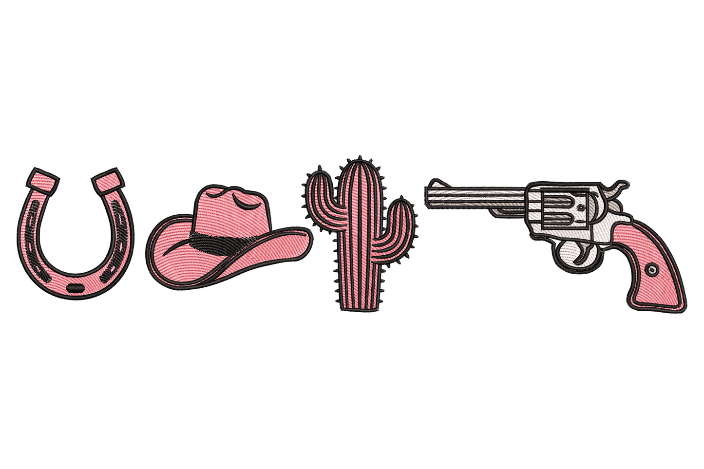 Western pink icons embroidery row: horseshoe, cowgirl hat, cactus and revolver in dusty pink with charcoal outlines.