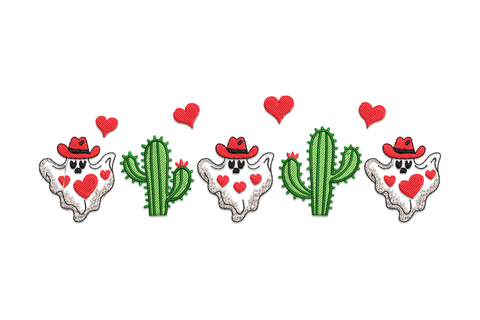 Embroidery design of a cow skull with cactus plants and heart accents in western valentine style, 6 colours, wide horizontal layout