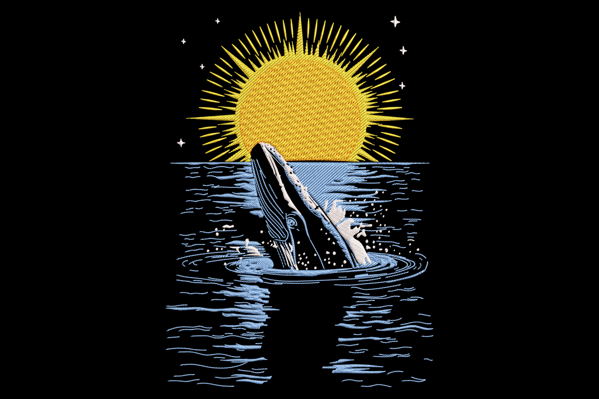 Whale breaching at sunset embroidery, humpback rising from dark ocean water, golden sun with radiating rays and white stars.