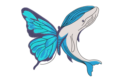 Whale butterfly embroidery design with morpho butterfly wings replacing fins, aqua and navy blue, 8 sizes