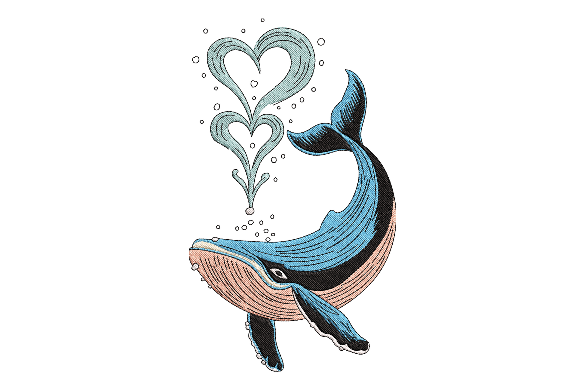Whale love embroidery design with navy blue round body, turquoise underbelly, and pink heart near tail, clean cartoon style on white background.