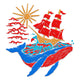 Whale Sailing Ship Embroidery Design, Fantasy Ocean, Instant Download