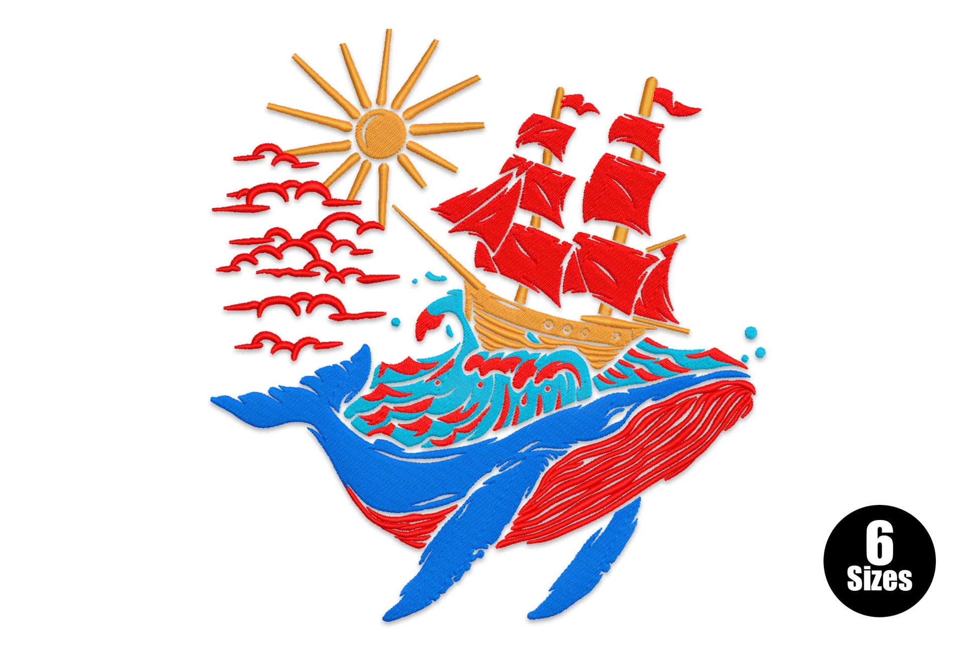 Whale sailing ship embroidery, blue humpback carrying red-sailed tall ship, golden sun and wave-cloud shapes, ocean fantasy.